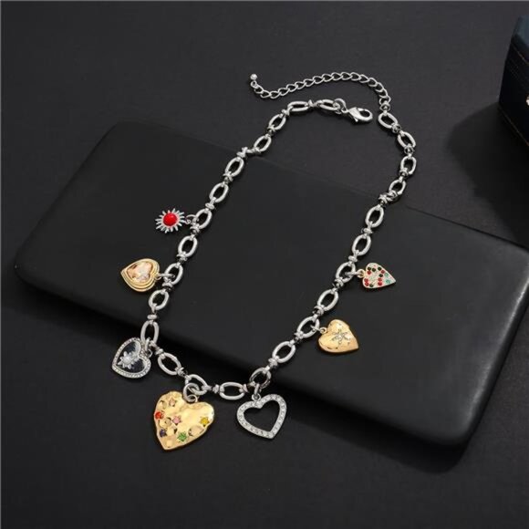 💖 Gold & Silver Puffy Heart Necklace | Crystal Charm Pendant - Picture 3 of 5